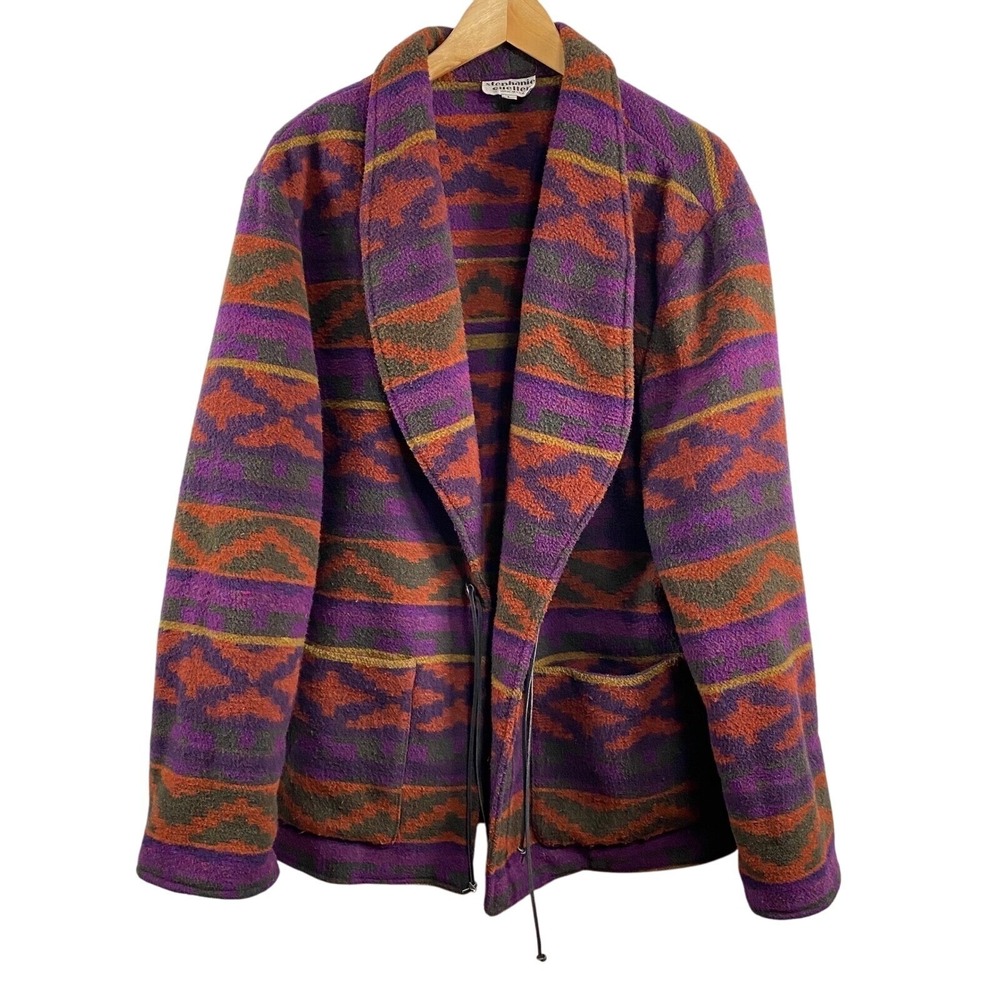 Stephanie Queller Aztec Tribal Southwestern Jacket L Multicolor Fleece Leather